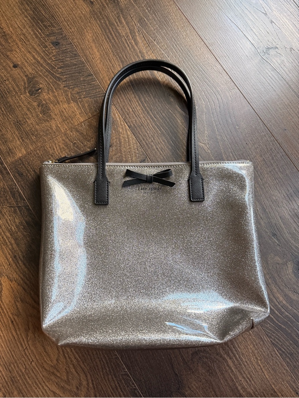 kate spade Silver Glitter Shoulder Bag with Black Handles and Bow